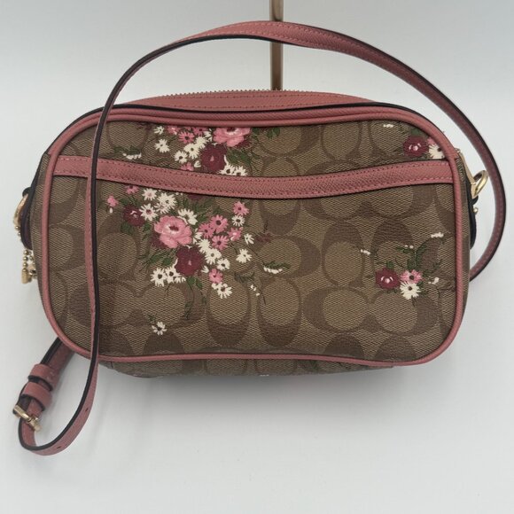 Coach Signature Leather Floral Shoulder Bag Purse w/ Gold Chain Strap - Picture 2 of 5